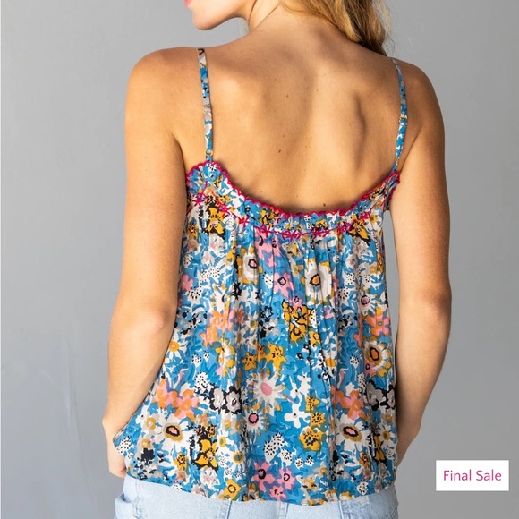 Natural Life S New Embroidered Harley Top Blue Tan Pink Floral Boho Tank Flower - Picture 3 of 8